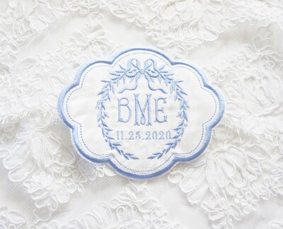 CUSTOM EMBROIDERED WEDDING DRESS PATCH, Mix and Match Design Elements and Font Styles, Fabric Choices, Specialty Patches - image1